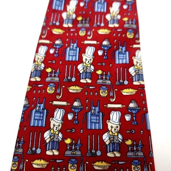 Liberty Of London Silk Tie Novelty  Print Chef Bear Red - Picture 2 of 6